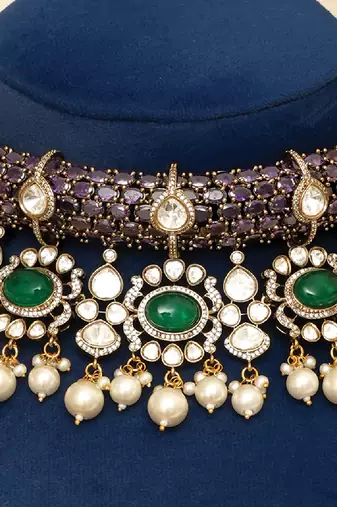 Gold plated kundan purple stones choker necklace set