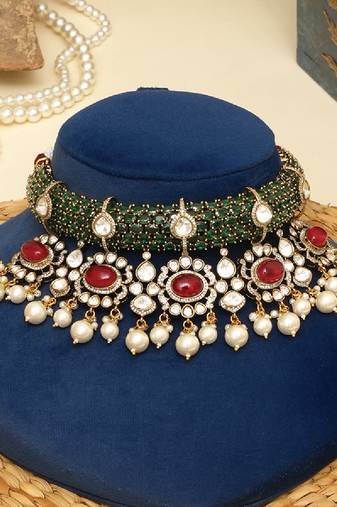Gold plated kundan multicolor stones choker necklace set