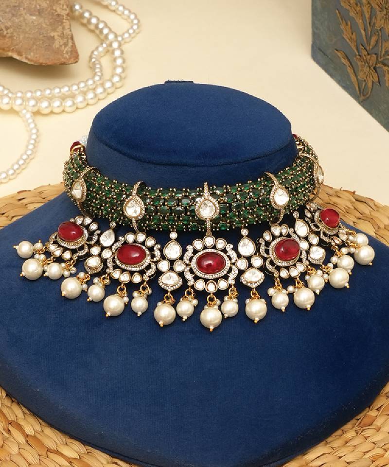 Gold plated kundan multicolor stones choker necklace set
