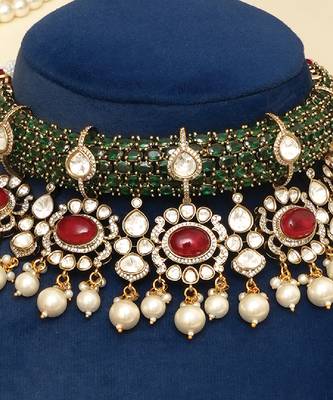 Gold plated kundan multicolor stones choker necklace set 2