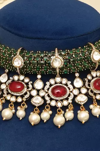 Gold plated kundan multicolor stones choker necklace set