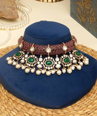 Gold plated kundan multicolor stones choker necklace set 1