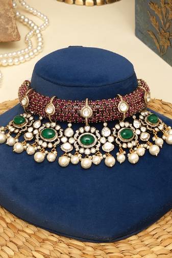 Gold plated kundan multicolor stones choker necklace set