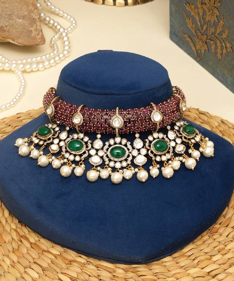 Gold plated kundan multicolor stones choker necklace set