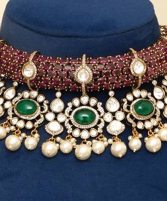 Gold plated kundan multicolor stones choker necklace set 2