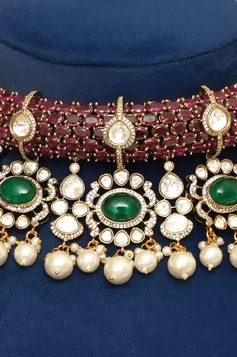 Gold plated kundan multicolor stones choker necklace set