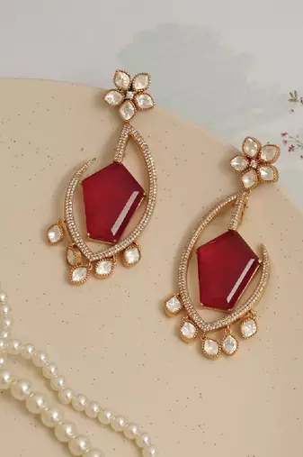Gold plated kundan red stones earrings