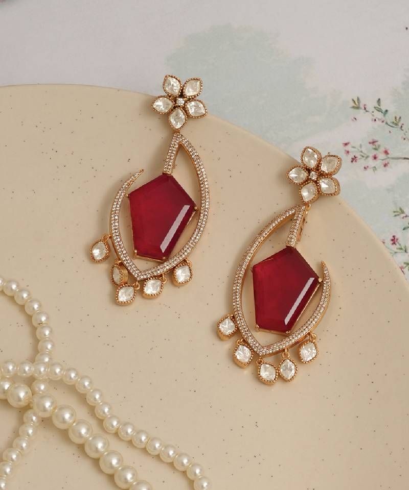 Gold plated kundan red stones earrings