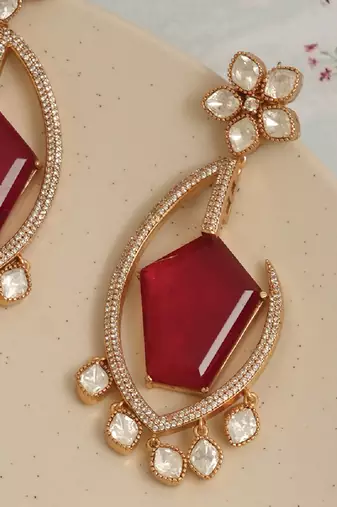 Gold plated kundan red stones earrings