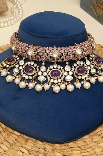Gold plated purple stones beaded choker set