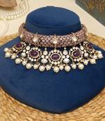 Gold plated purple stones beaded choker set