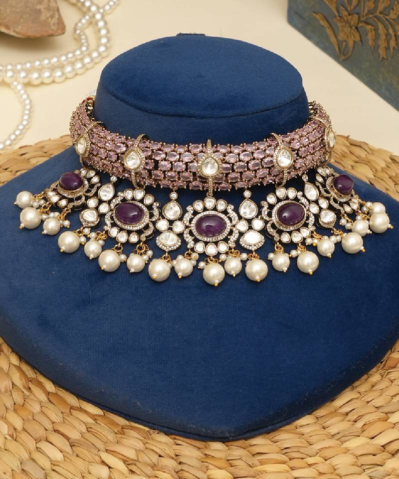 Gold plated purple stones beaded choker set