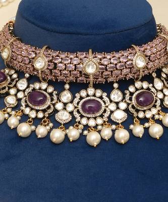 Gold plated purple stones beaded choker set 2
