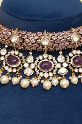 Gold plated purple stones beaded choker set