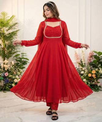 Womens fancy fox georgette heavy quality fabric with handwork gown set 1