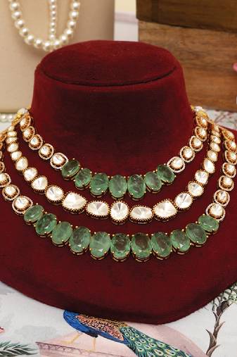 Gold plated kundan green stones multi layered necklace set