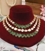 Gold plated kundan green stones multi layered necklace set