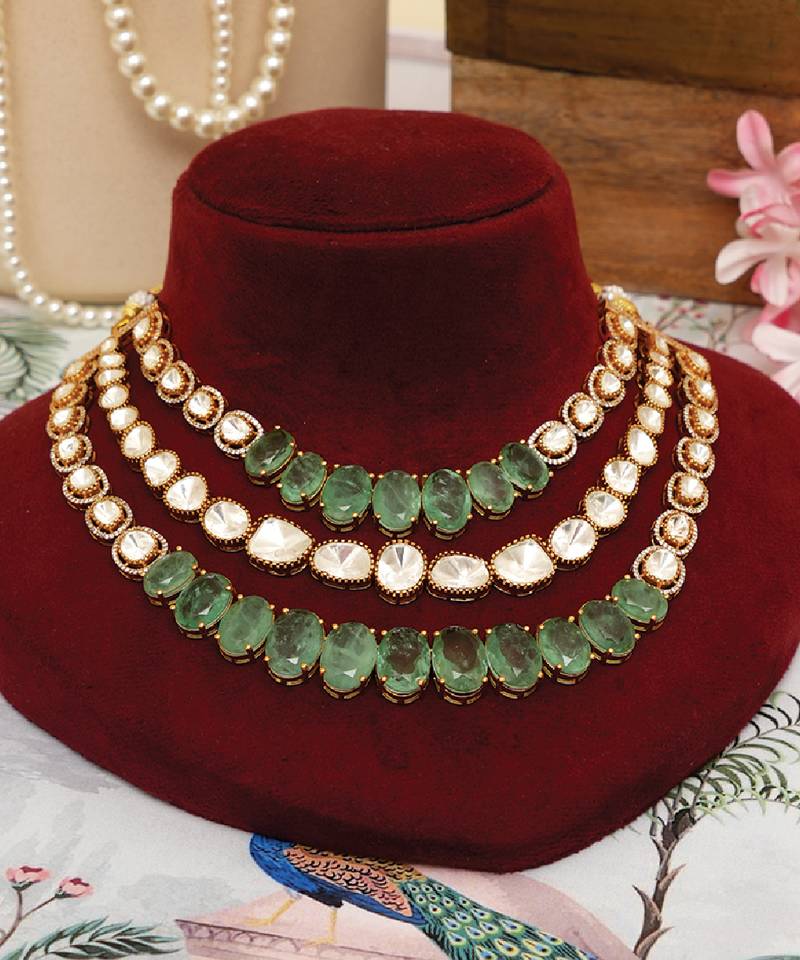 Gold plated kundan green stones multi layered necklace set
