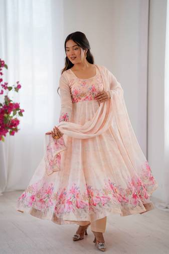 Womens new organza soft taby silk heavy quality fabric with digital print gown set