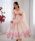 Womens new organza soft taby silk heavy quality fabric with digital print gown set