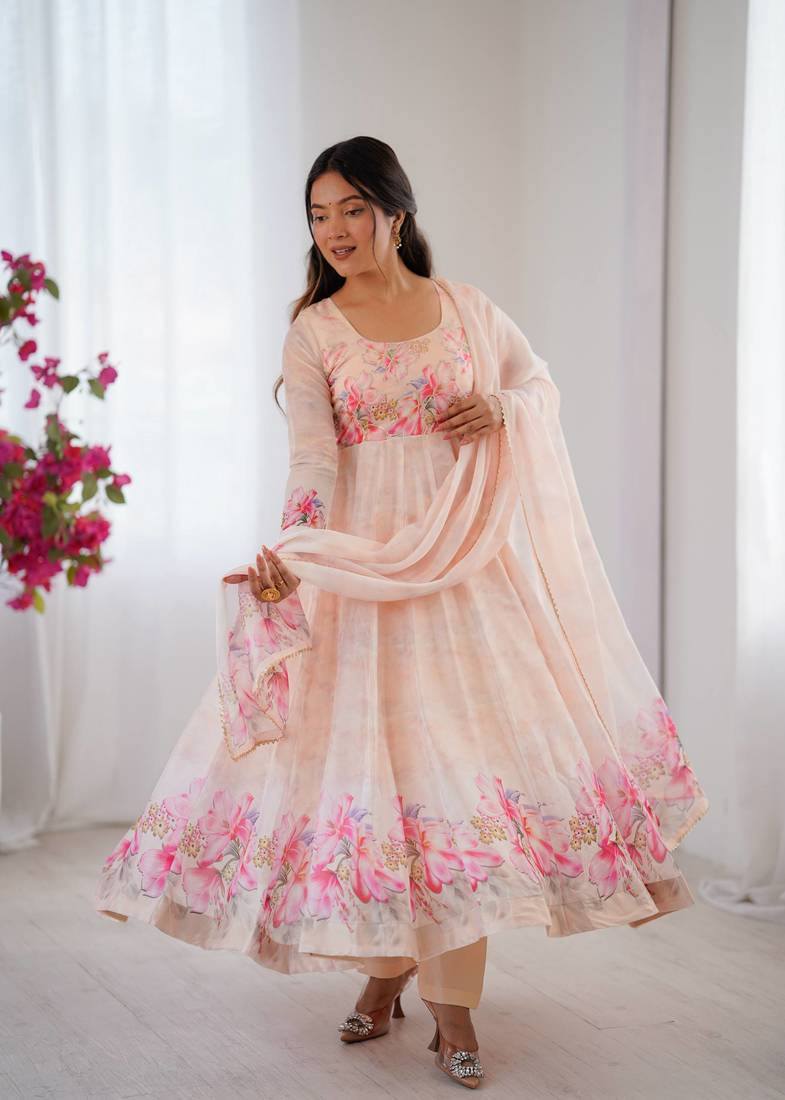 Womens new organza soft taby silk heavy quality fabric with digital print gown set