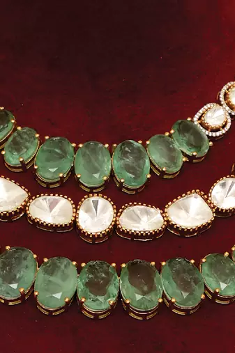 Gold plated kundan green stones multi layered necklace set
