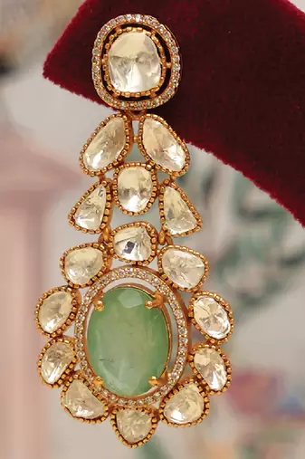 Gold plated kundan green stones multi layered necklace set