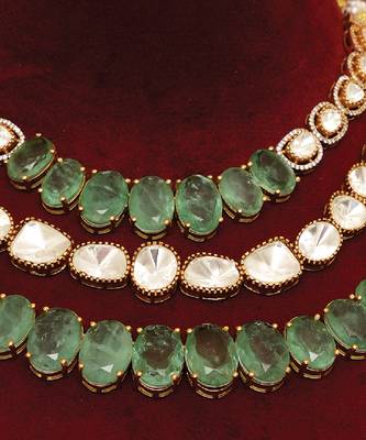 Gold plated kundan green stones multi layered necklace set 7