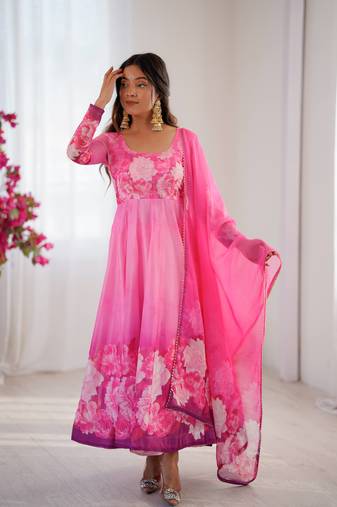 Womens new organza soft taby silk heavy quality fabric with digital print gown set