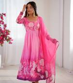 Womens new organza soft taby silk heavy quality fabric with digital print gown set