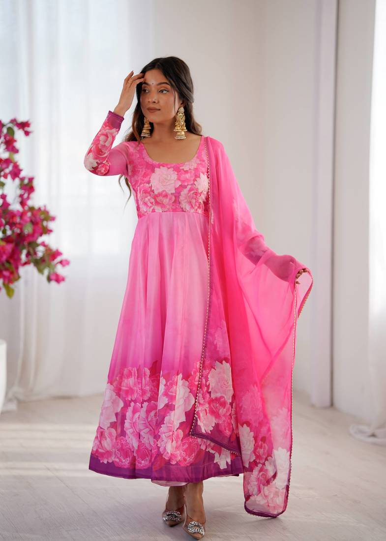 Womens new organza soft taby silk heavy quality fabric with digital print gown set