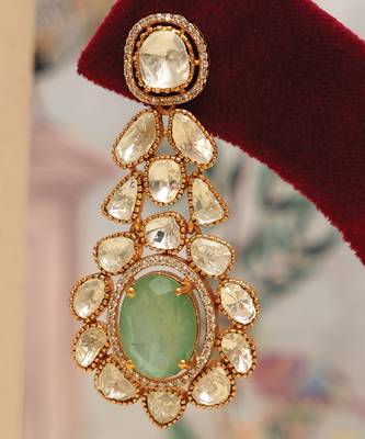 Gold plated kundan green stones multi layered necklace set 9