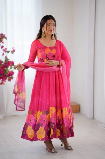 Womens new organza soft taby silk heavy quality fabric with digital print gown set