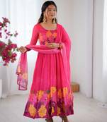 Womens new organza soft taby silk heavy quality fabric with digital print gown set
