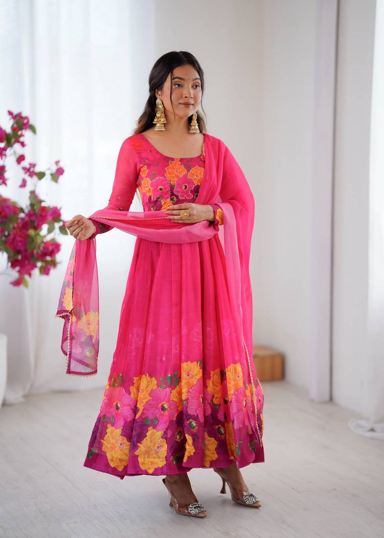 Womens new organza soft taby silk heavy quality fabric with digital print gown set
