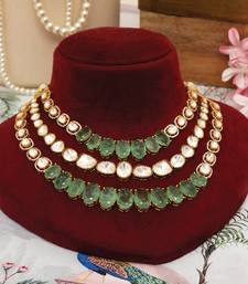 Gold plated kundan green stones multi layered necklace set