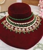 Gold plated kundan green stones multi layered necklace set
