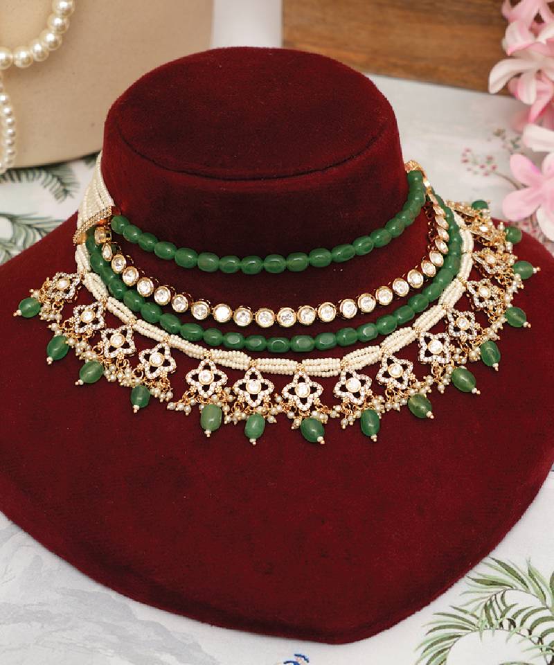 Gold plated kundan green stones multi layered necklace set