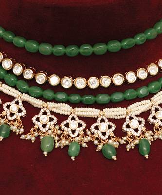 Gold plated kundan green stones multi layered necklace set 2