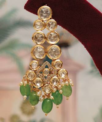 Gold plated kundan green stones multi layered necklace set 4