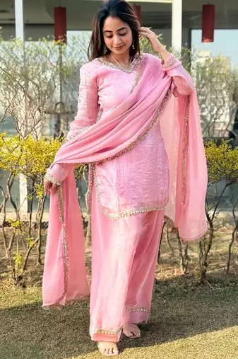Womens new festive wear hand made real mirror pal  moti lace  kurta set