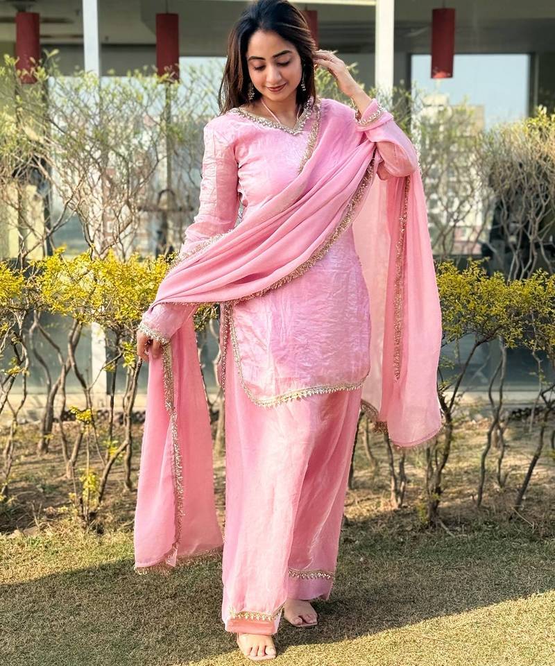 Womens new festive wear hand made real mirror pal  moti lace  kurta set