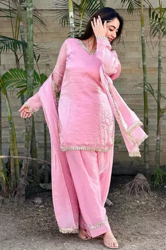 Womens festive wear hand made real mirror pal moti lace kurta set