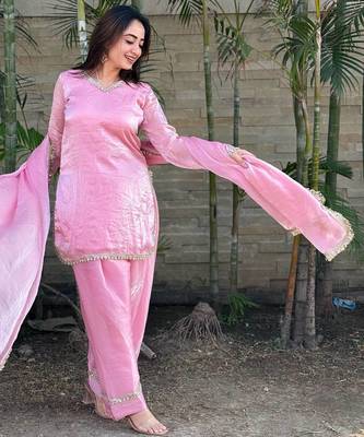 Womens festive wear hand made real mirror pal moti lace kurta set 3
