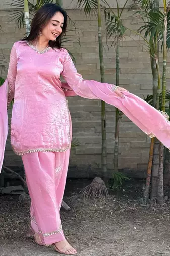 Womens festive wear hand made real mirror pal moti lace kurta set