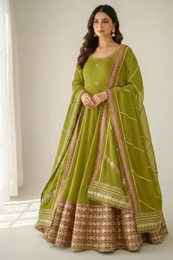 Womens new fancy silk  heavy quality fabric with handwork gown set