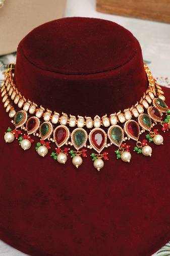 Gold plated kundan multicolor stones choker necklace set