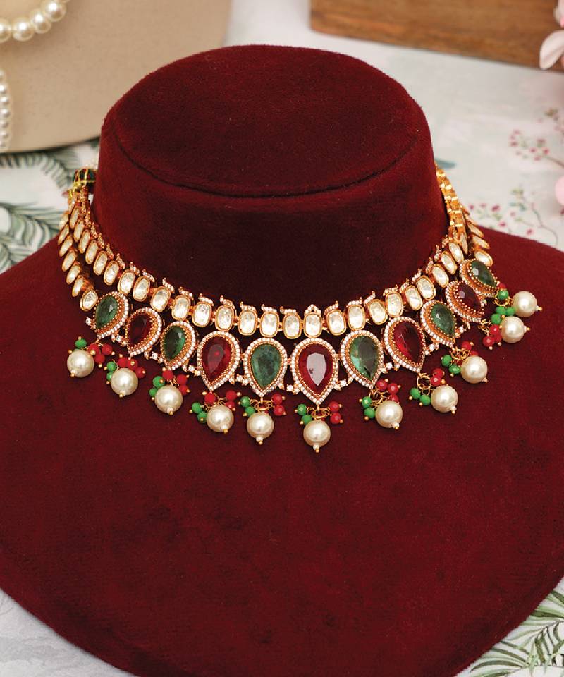 Gold plated kundan multicolor stones choker necklace set