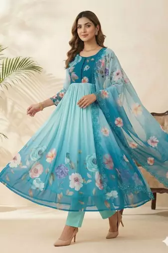 Womens new fancy silk  heavy quality fabric with handwork gown set