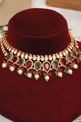 Gold plated kundan multicolor stones choker necklace set